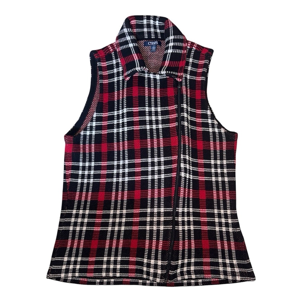 Chaps Red Plaid Vest Women's Size Large Sleeveless Side Zip Up
